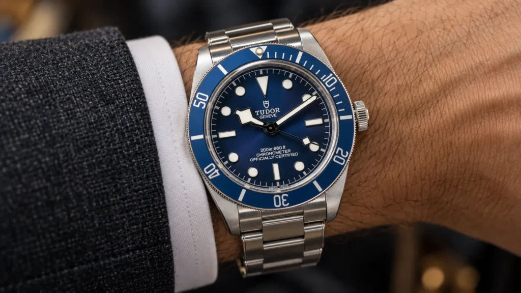 Navy blue dial watch under a charcoal suit cuff, showing a blue dial worn with tailoring
