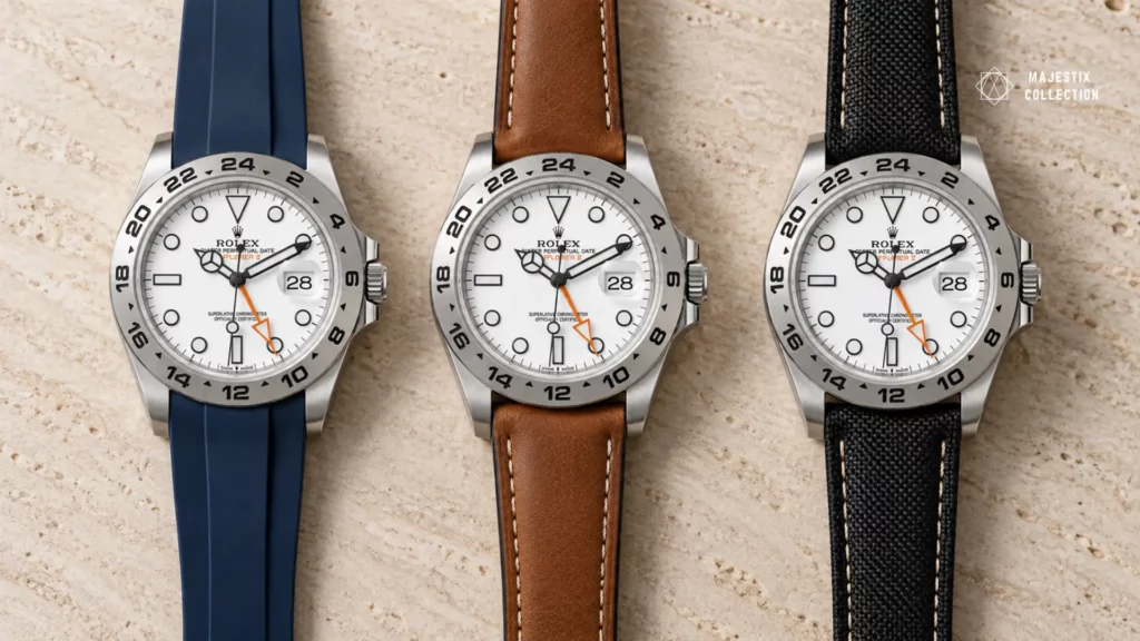 Rolex Explorer II with orange 24-hour hand shown on navy, cognac, and black straps side by side