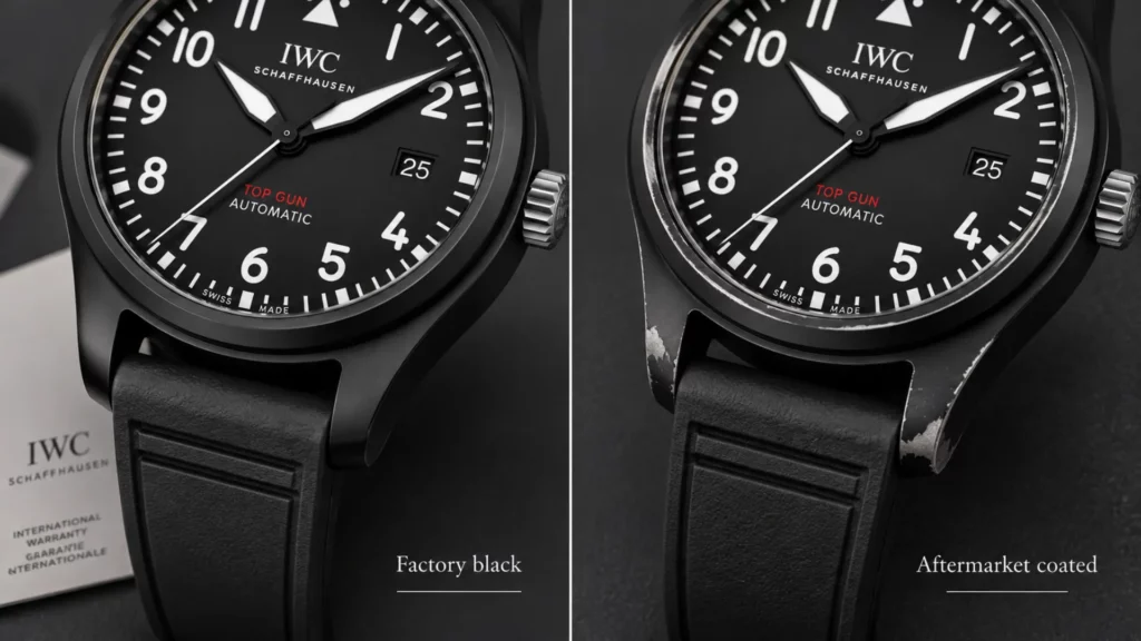 Factory black watch versus aftermarket coated watch showing coating wear at the lugs and bezel