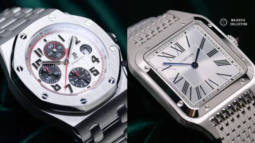 Flat white watch dial beside a sunburst silver dial showing the texture and light difference