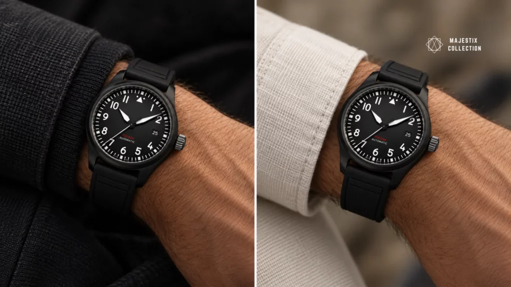 Blacked-out watch disappearing against black clothing versus standing out against light fabric