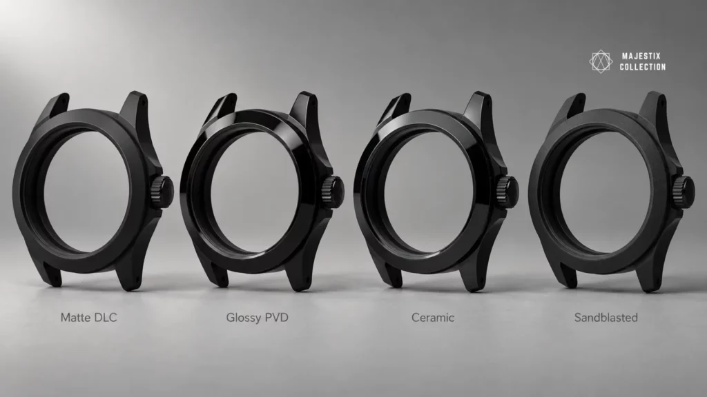 Four full black watch finishes compared: matte DLC, glossy PVD, ceramic, and sandblasted