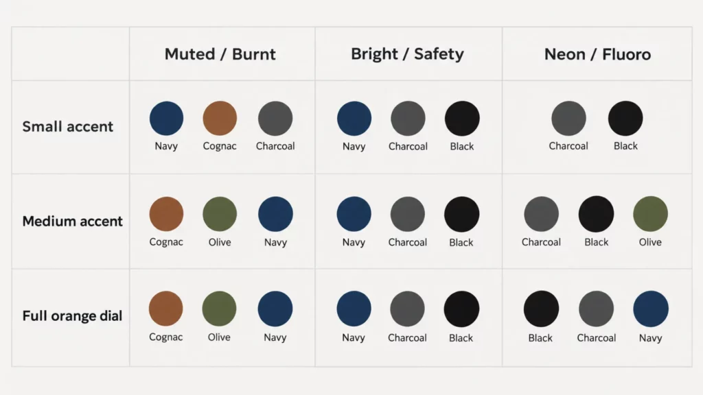 Decision matrix chart matching orange dial shade and accent size to the best watch strap colors