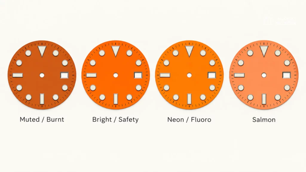 Four orange dial shades compared: muted burnt, bright safety, neon fluoro, and salmon for strap pairing