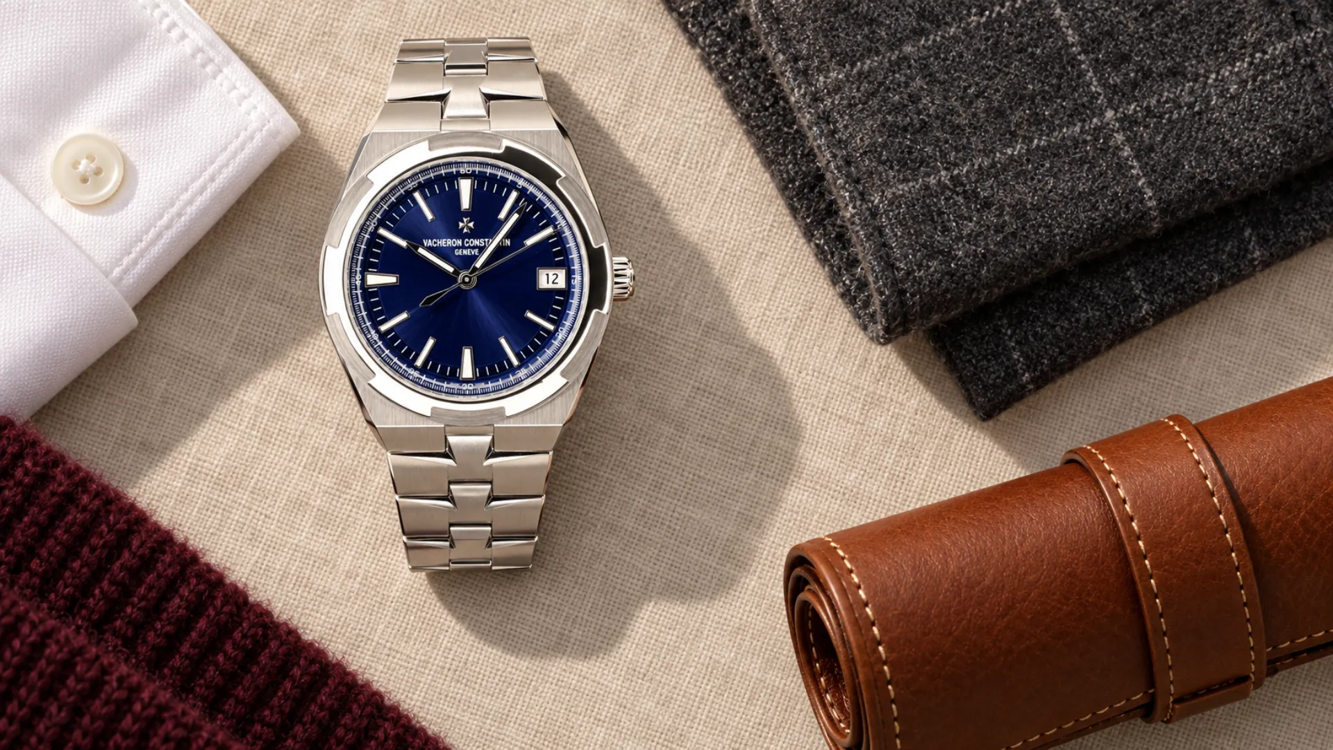 Blue dial watch styled with neutral menswear in a flat lay showing outfit combinations for a blue dial