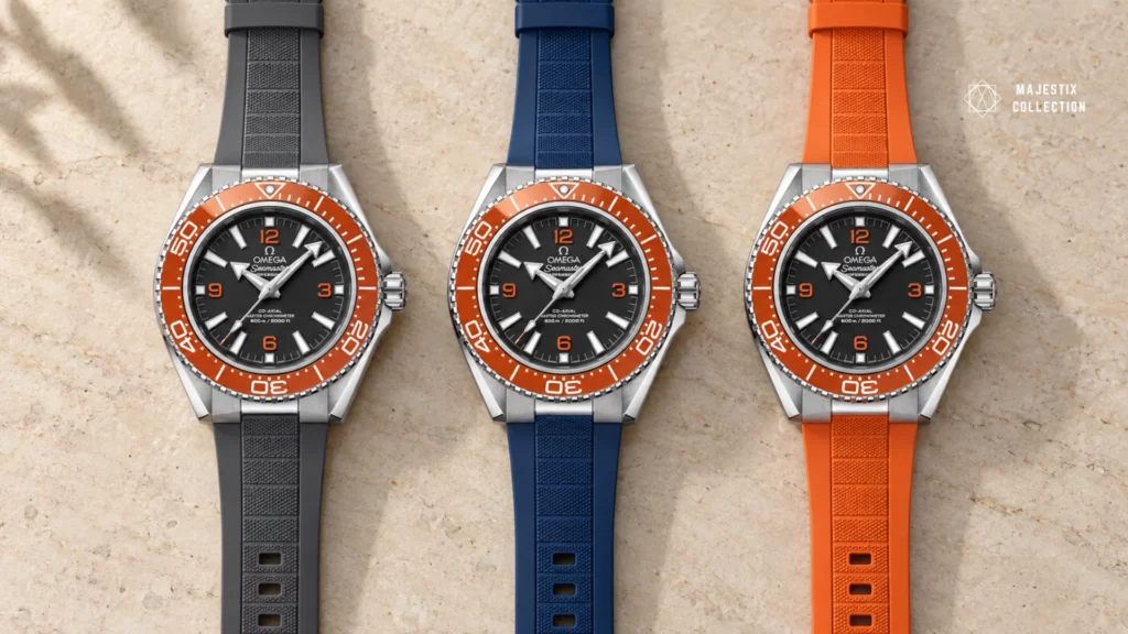 Omega Planet Ocean with orange bezel shown on charcoal, navy, and tonal orange straps side by side