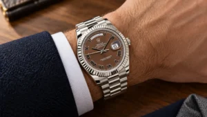 Rolex Day-Date 218239 chocolate dial styled with navy jacket showing outfit combinations for a brown dial watch