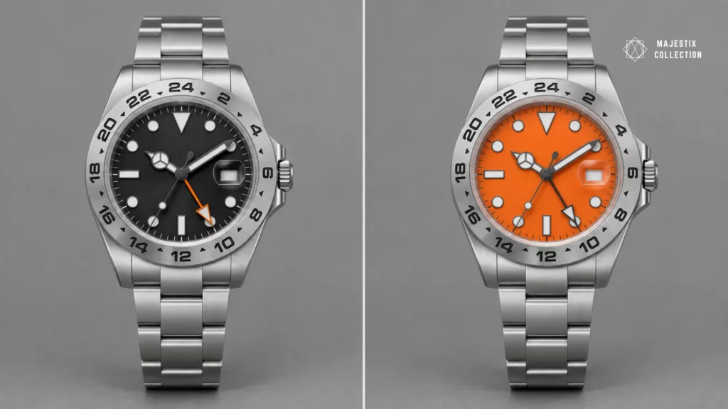 Side-by-side of a small orange accent watch and a full orange dial showing how much orange affects strap choice