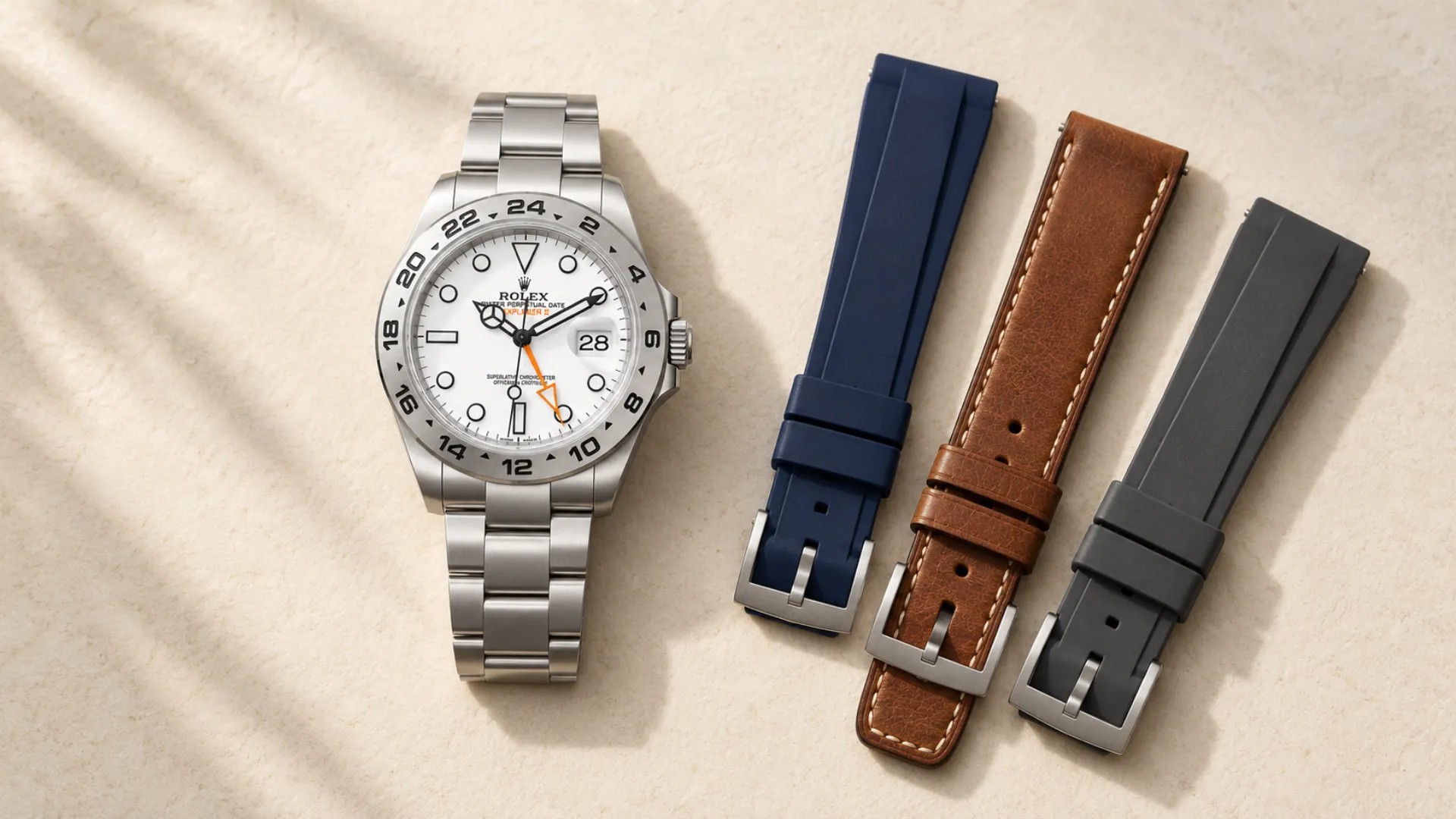 Orange accent dial watch shown with navy, cognac, and charcoal strap options laid beside it