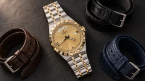 Tudor Royal champagne dial watch shown with brown, black, and navy strap options on a dark surface