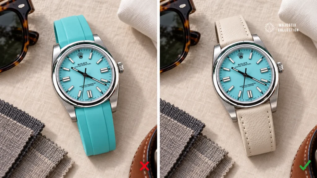 Turquoise dial watch on a matched turquoise strap versus a neutral cream strap, showing why contrast works better