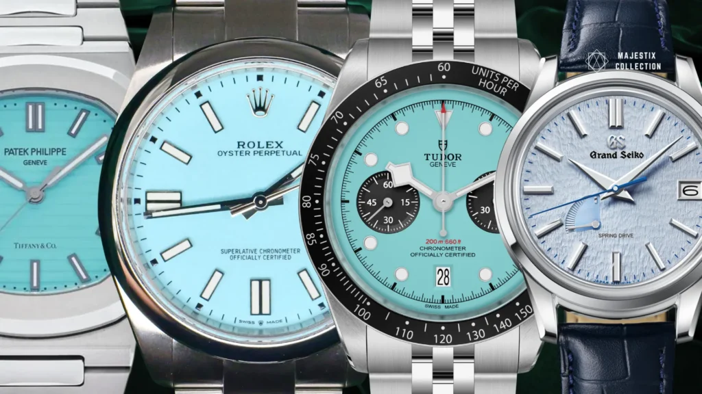 Four turquoise dial shades compared side by side тАФ pastel Tiffany, bright Rolex aqua, sporty Flamingo, and deep teal