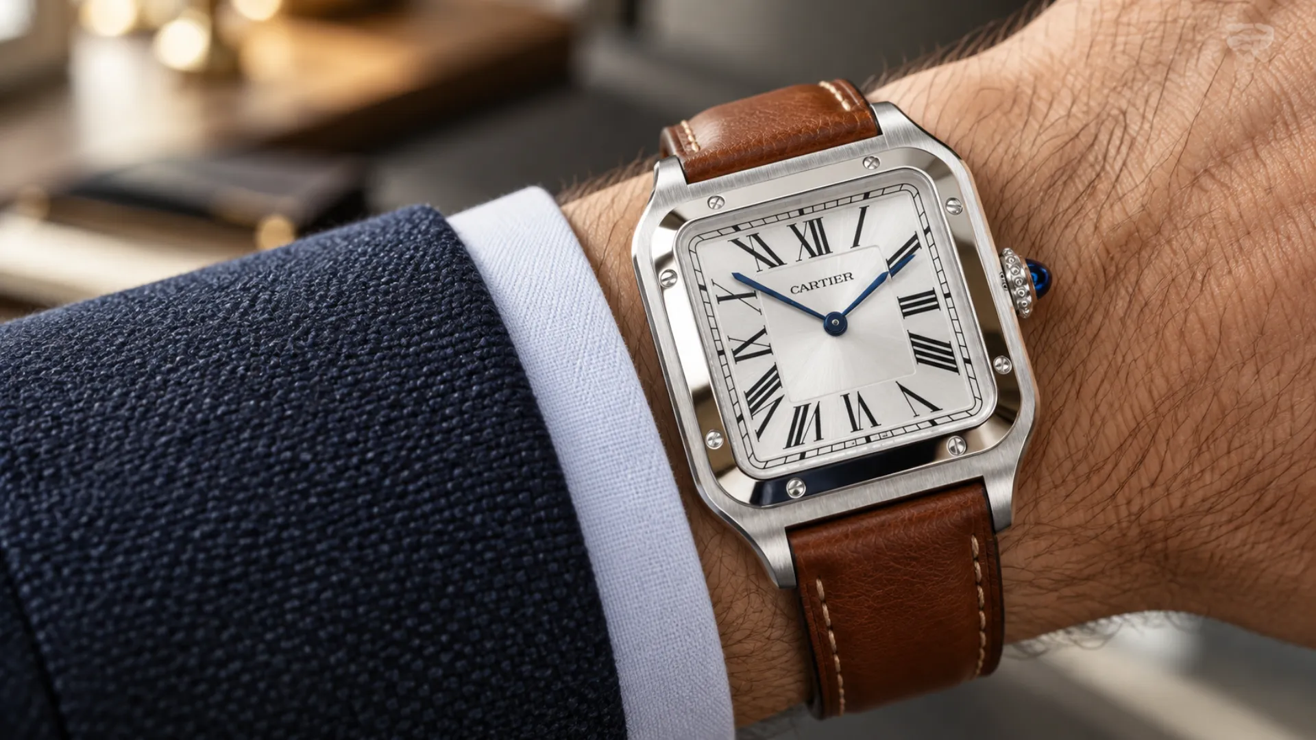Silver dial dress watch styled on wrist against a brown leather strap for outfit combinations