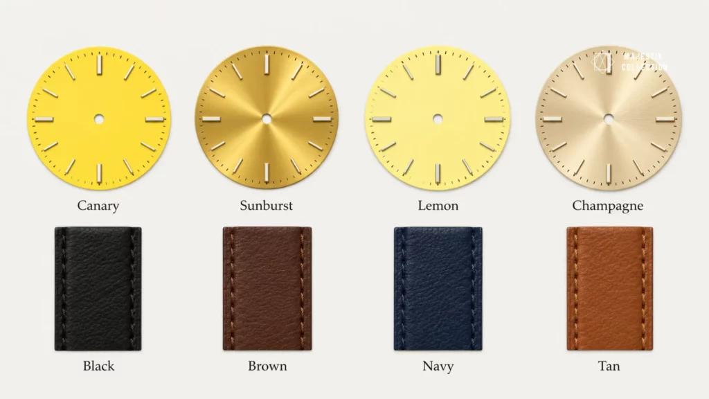 Yellow dial shades from canary to champagne matched to their best strap color