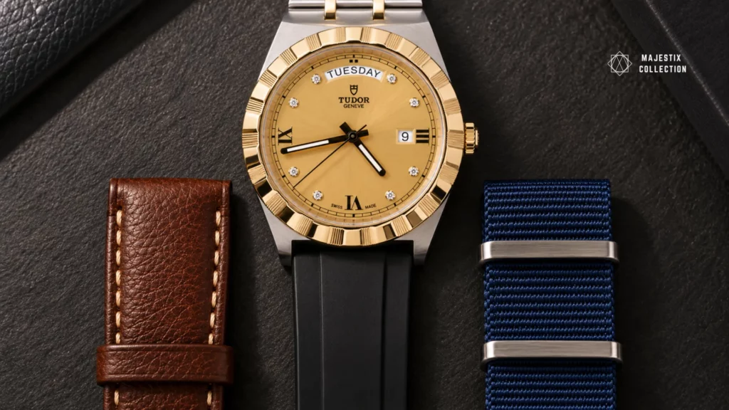 Leather, rubber, and NATO strap textures paired with a yellow dial watch