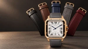 Rose gold Cartier Santos with white Roman dial fanned out with black, brown, navy, grey, and burgundy leather straps