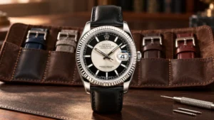 White gold Rolex Datejust with black and silver tuxedo dial on a black leather strap beside a strap roll with navy, grey, and burgundy straps