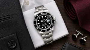 Steel Rolex Submariner on a white folded shirt beside a suit jacket, burgundy tie, and cufflinks