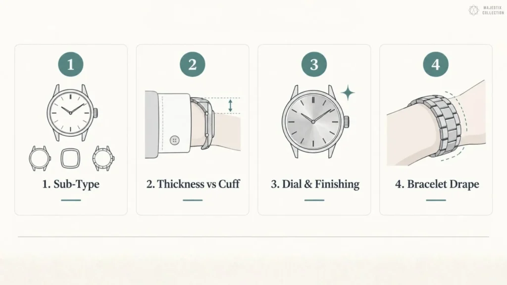 Four-step guide cards: Sub-Type, Thickness vs Cuff, Dial & Finishing, and Bracelet Drape on cream background