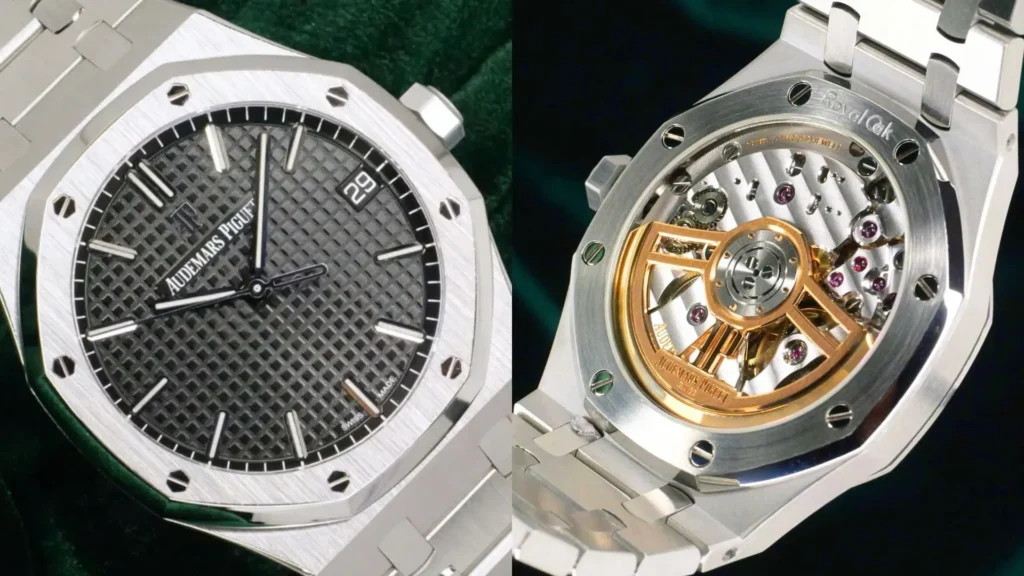 Audemars Piguet Royal Oak grey tapisserie dial and gold-rotor movement caseback on green velvet