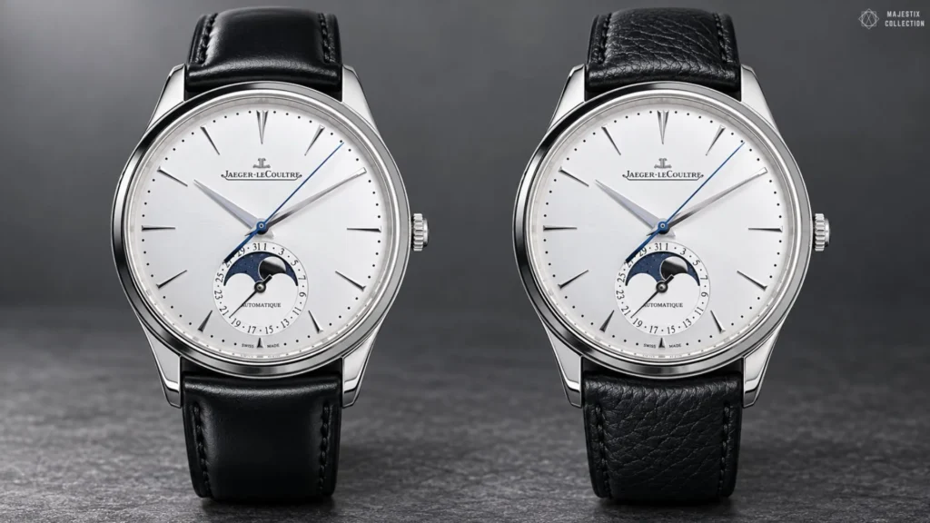Two Jaeger-LeCoultre Master Ultra Thin Moon watches with silver dials and moonphase subdials on black leather straps