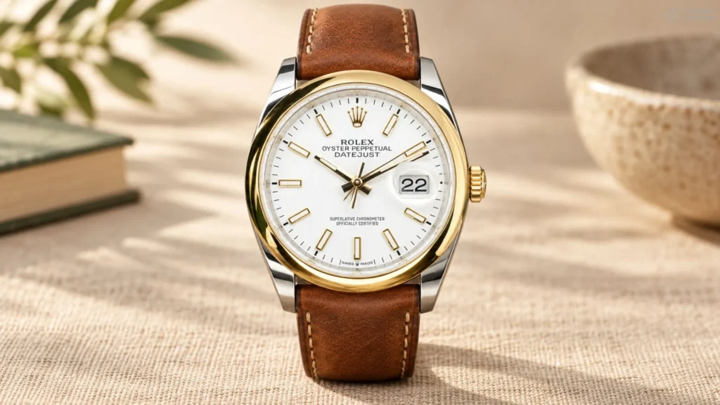 Two-tone Rolex Datejust with white dial on tan leather strap beside a book and bowl on linen