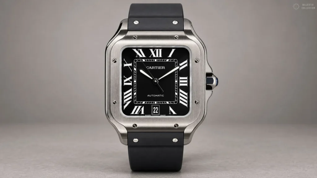 Steel Cartier Santos with black Roman dial and black rubber strap on grey background