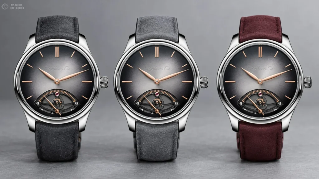 Three H. Moser tourbillon watches with grey fumé dials on charcoal, grey, and burgundy suede straps