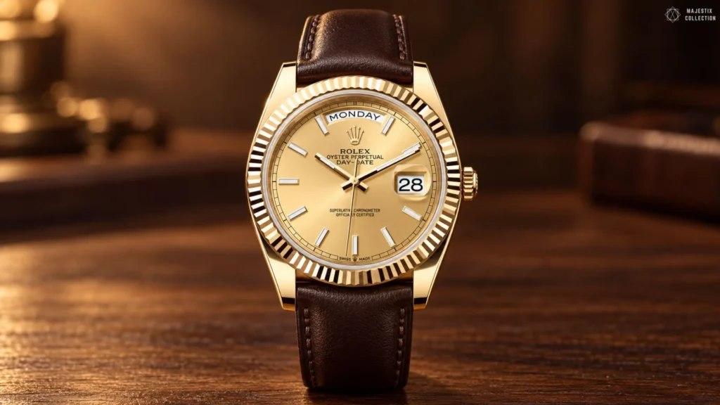 Yellow gold Rolex Day-Date with champagne stick dial on a brown leather strap in warm light