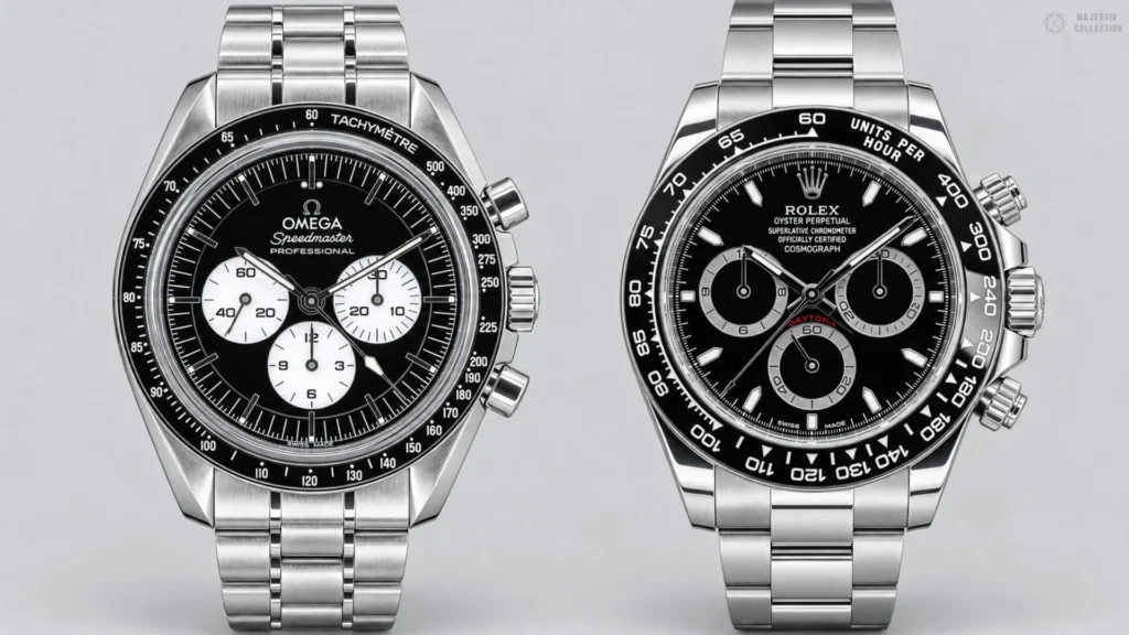 Omega Speedmaster Professional and Rolex Daytona chronographs side by side on grey background