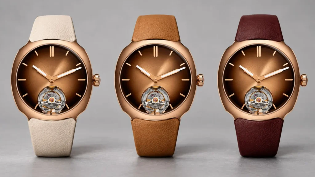 Three rose gold H. Moser tourbillon watches with brown fumé dials on cream, tan, and burgundy leather straps