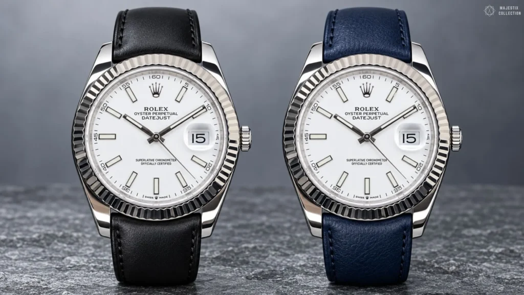 Two white gold Rolex Datejusts with white stick dials on black and navy leather straps