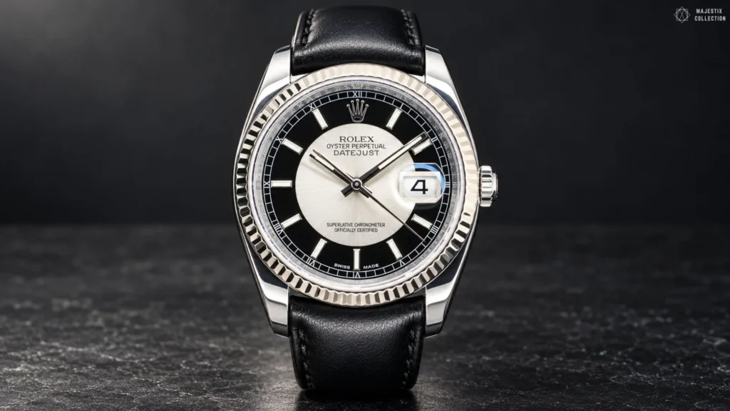 White gold Rolex Datejust with black and silver tuxedo dial on a black leather strap against a dark background