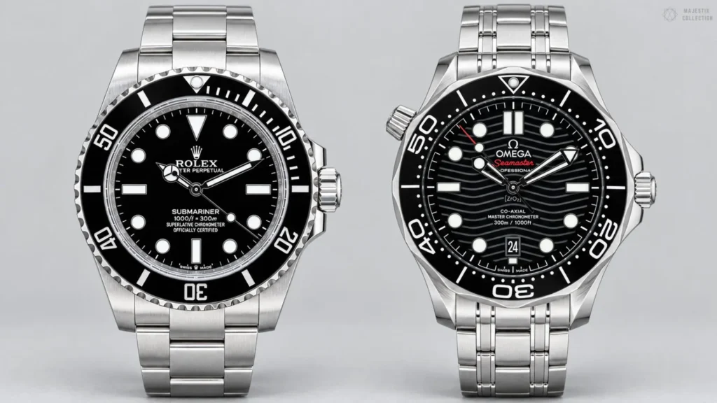 Rolex Submariner and Omega Seamaster Diver 300M with black dials side by side on grey background