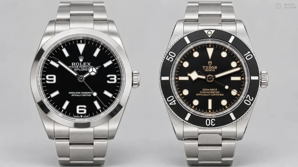 Rolex Explorer and Tudor Black Bay with black dials side by side on grey background