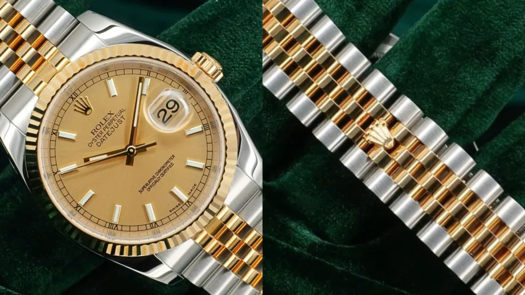 Two-tone Rolex Datejust with champagne dial and Jubilee bracelet beside close-up of bracelet and crown on green velvet