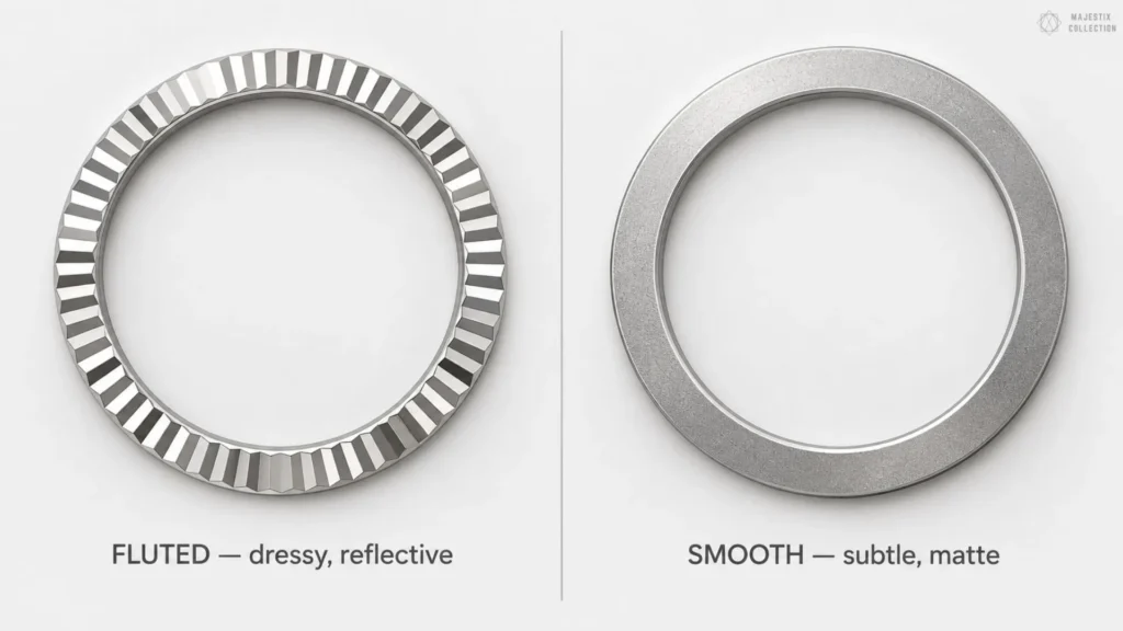 Fluted versus smooth bezel comparison: reflective dressy bezel on the left, matte subtle bezel on the right