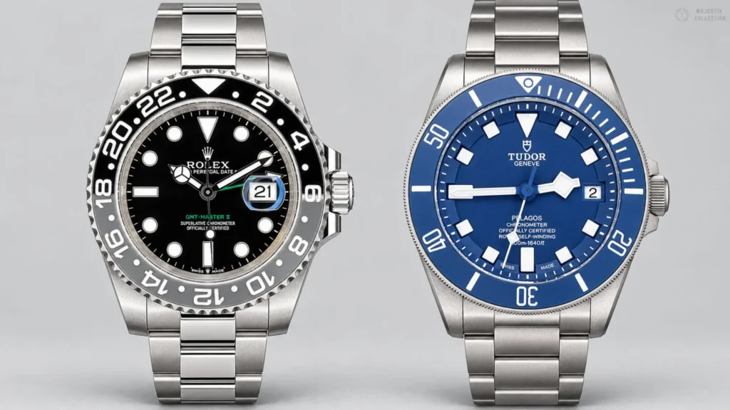 Rolex GMT-Master II and blue Tudor Pelagos dive watch side by side on grey background