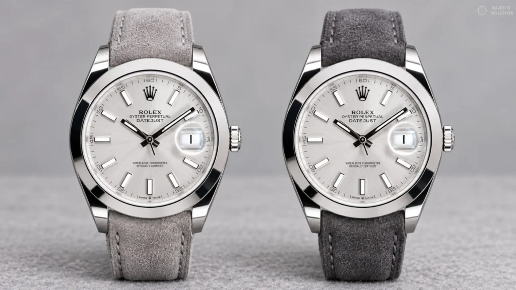 Two steel Rolex Datejusts with silver stick dials on light grey and dark grey suede straps
