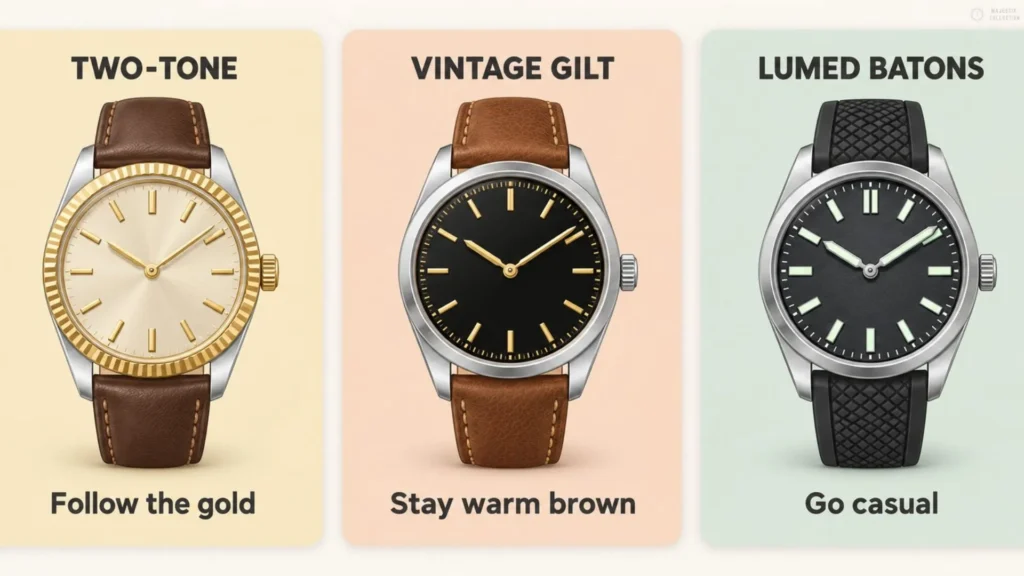 Three dial styles: two-tone with brown strap, vintage gilt black dial with warm brown, and lumed batons with black rubber