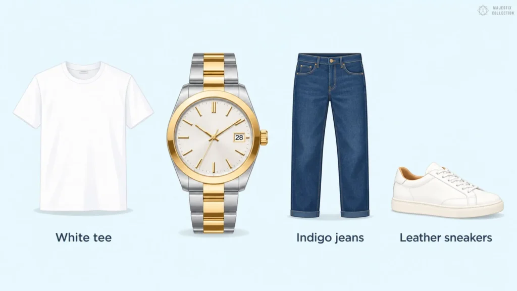 Styling flat lay: white tee, two-tone gold watch, indigo jeans and white leather sneakers on light blue background