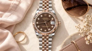Two-tone rose gold Rolex Datejust with chocolate diamond dial beside a ring, sunglasses, and flowers on cream fabric