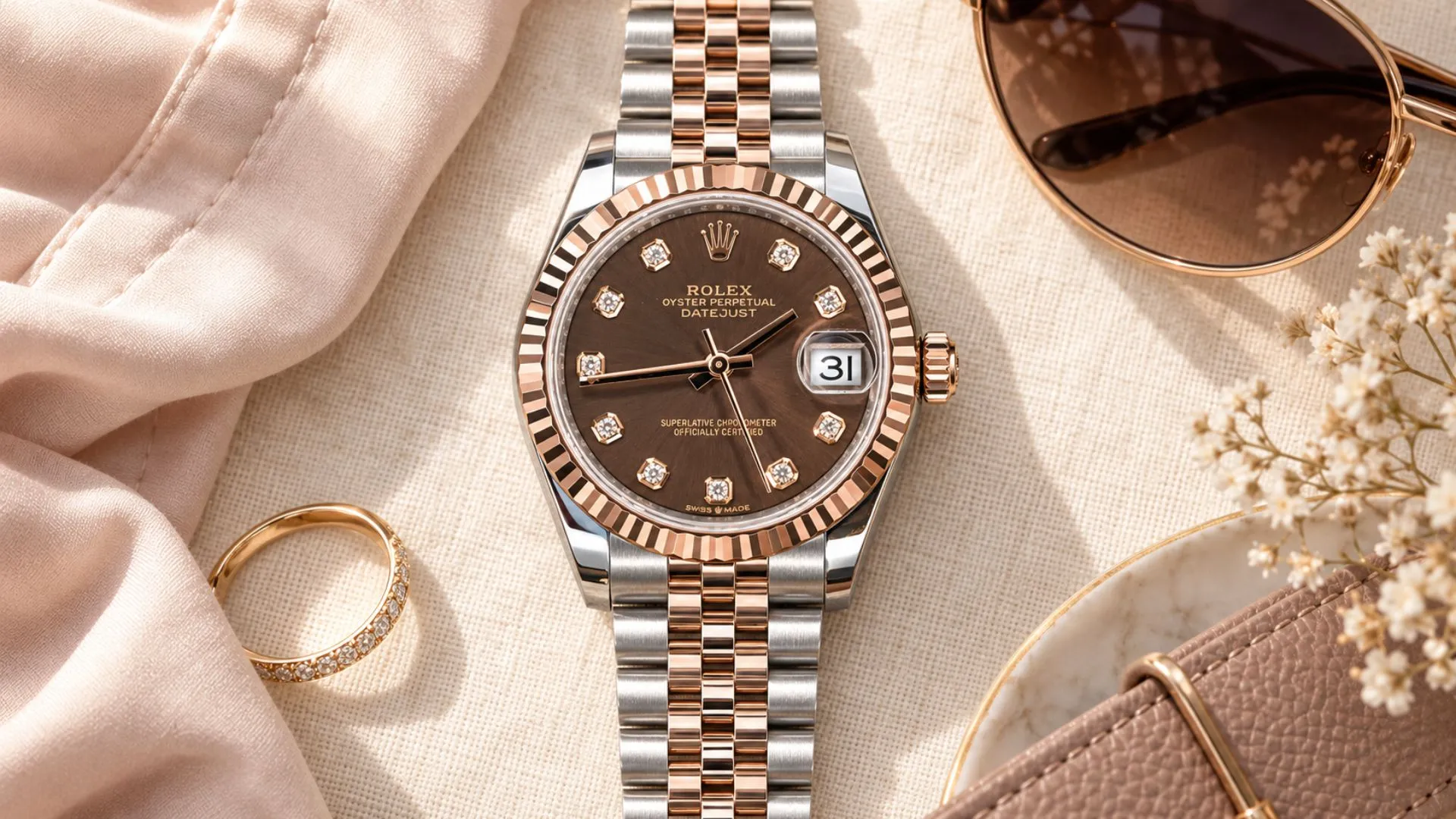 Two-tone rose gold Rolex Datejust with chocolate diamond dial beside a ring, sunglasses, and flowers on cream fabric
