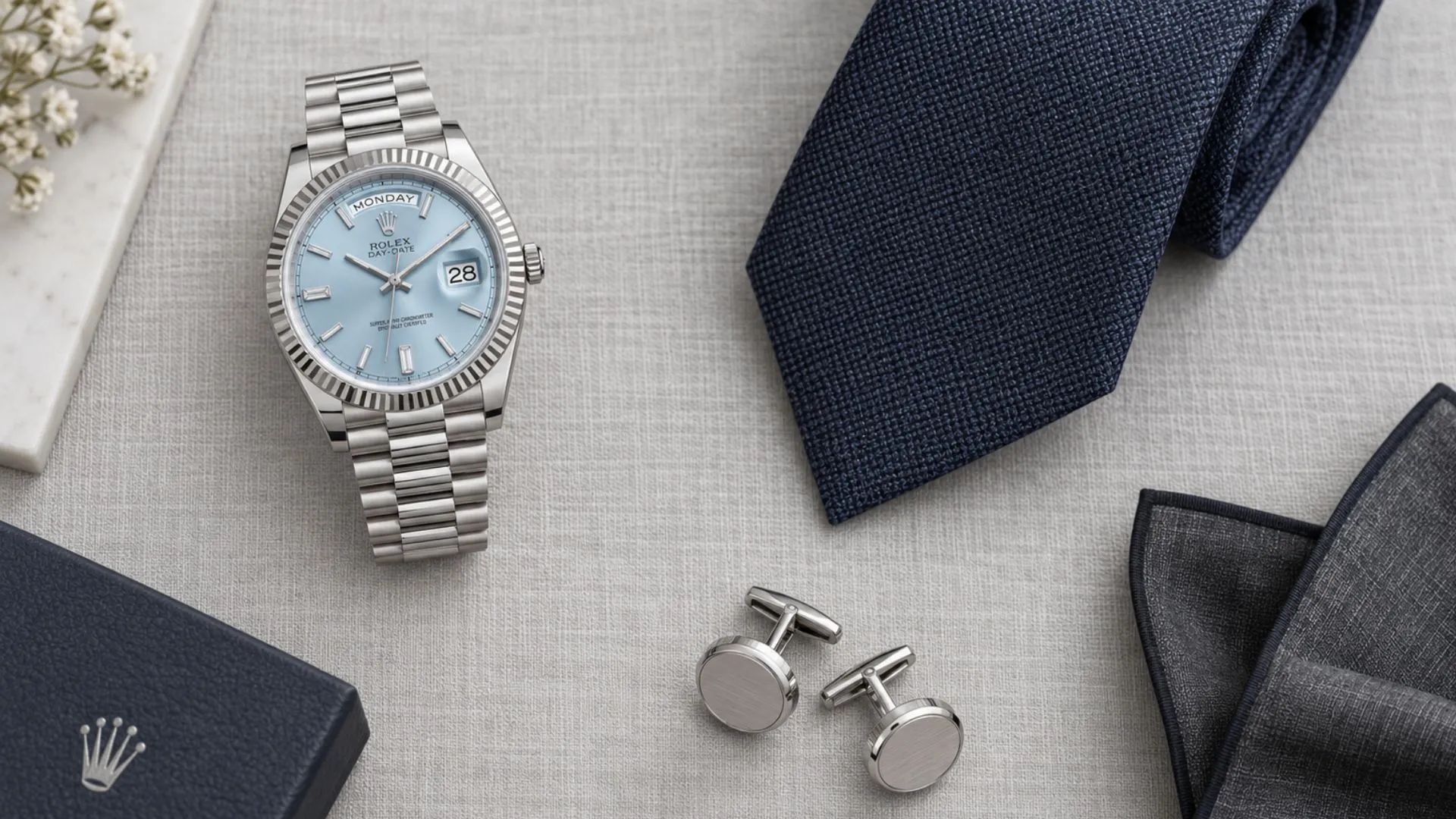 Rolex Day-Date white gold with ice blue dial and President bracelet beside a navy tie, cufflinks and pocket square