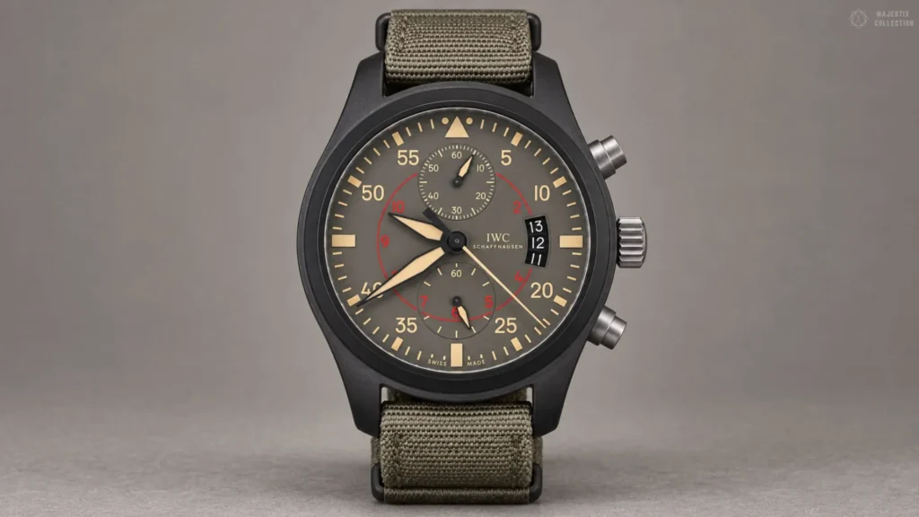 IWC Pilot Top Gun Miramar chronograph with grey dial on an olive textile strap