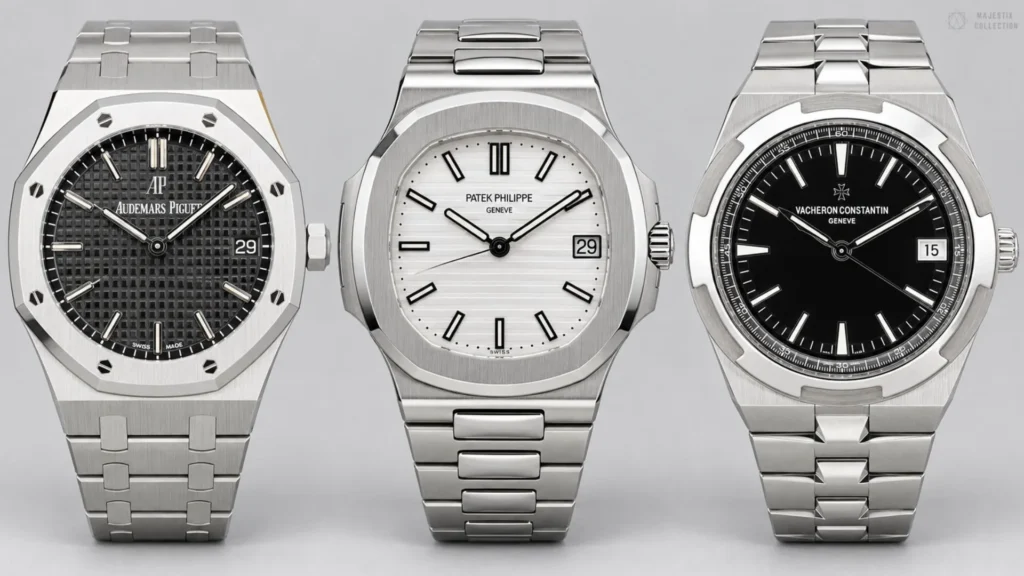 Audemars Piguet Royal Oak, Patek Philippe Nautilus and Vacheron Constantin Overseas lined up on grey background