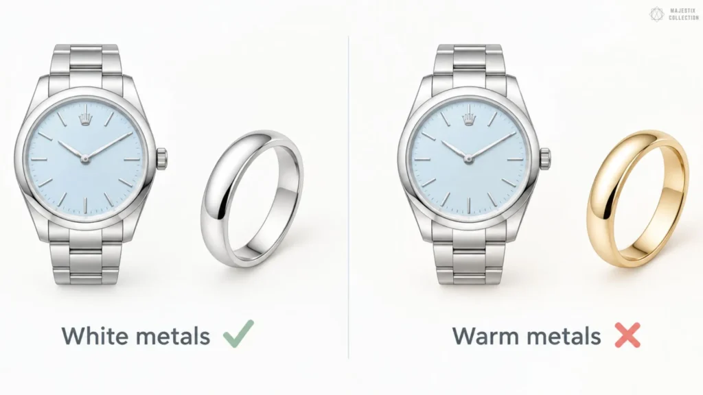 Watch and ring pairing: white metal ring matching a steel watch approved, warm gold ring marked as a clash