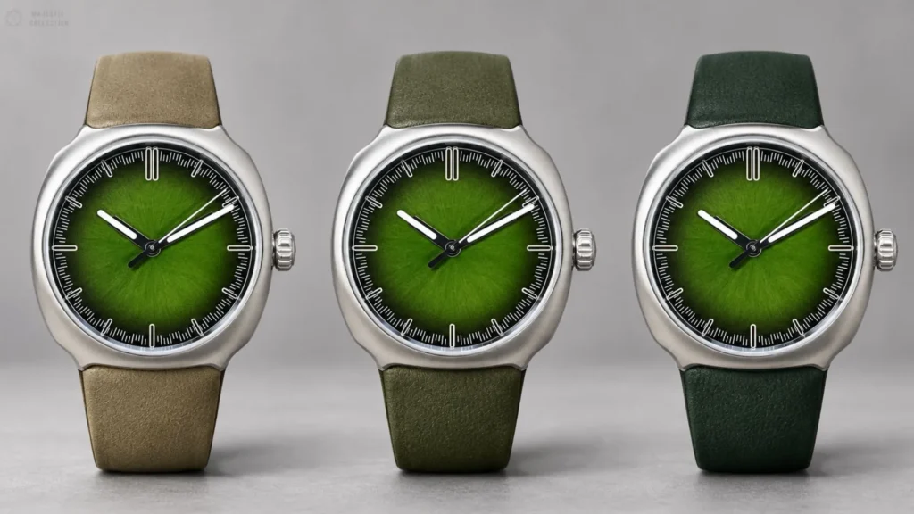 Three steel watches with green fumé dials on olive, army green, and dark green leather straps