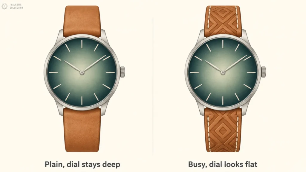 Green fumé dial on a plain tan strap keeping depth beside the same dial on a busy patterned strap looking flat