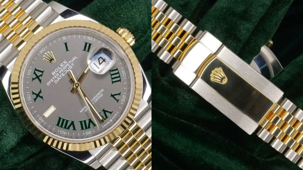 Rolex Datejust two-tone with grey Wimbledon dial, green Roman numerals and Jubilee bracelet on green velvet